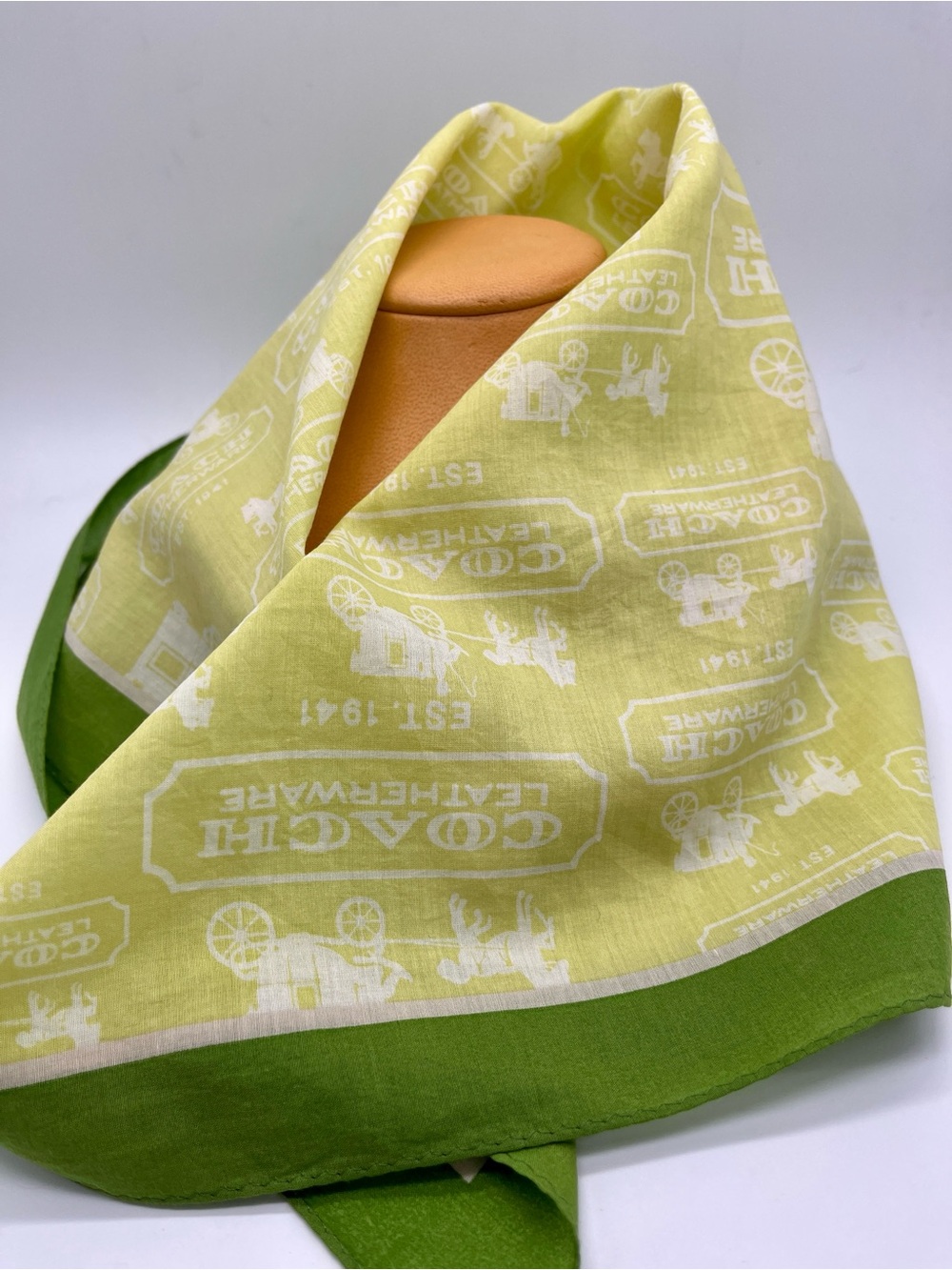 Coach Logo Scarf Summer weight Cotton in Yellow White and Green 20” Square - Picture 3 of 4